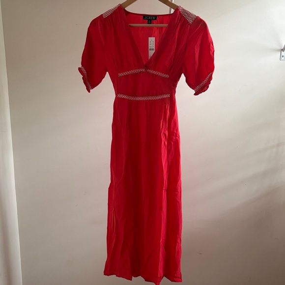 J CREW RED SMOCKED MIDI DRESS- 00P NWT - Picture 2 of 8